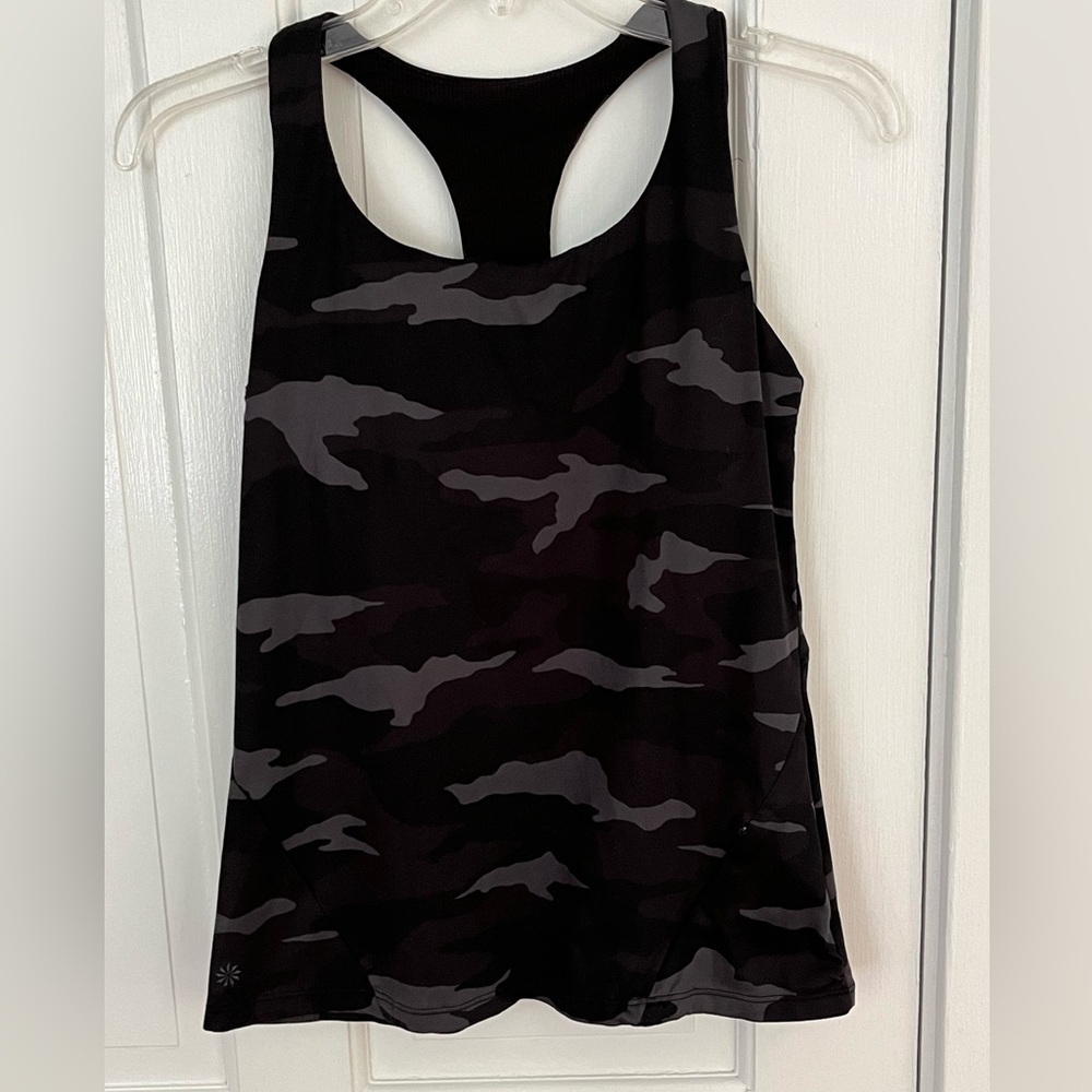 Athleta Black And Grey Racerback Camo Athletic Sports Top Size Small Shelf Bra